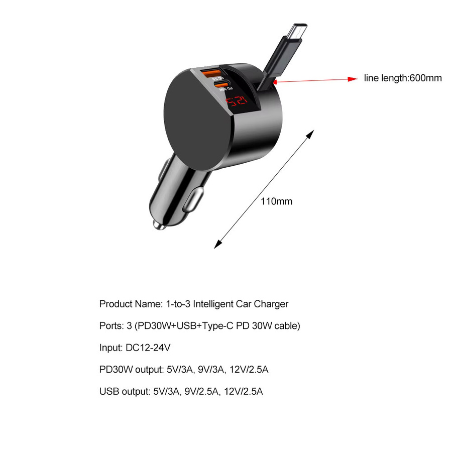 KEBETEME 3-in-1 Einziehbares Autoladegerät mit 30W PD30W Schnellladung, USB QC3.0 und Typ-C, Schwarz mit Spannungsanzeige - Bild 3