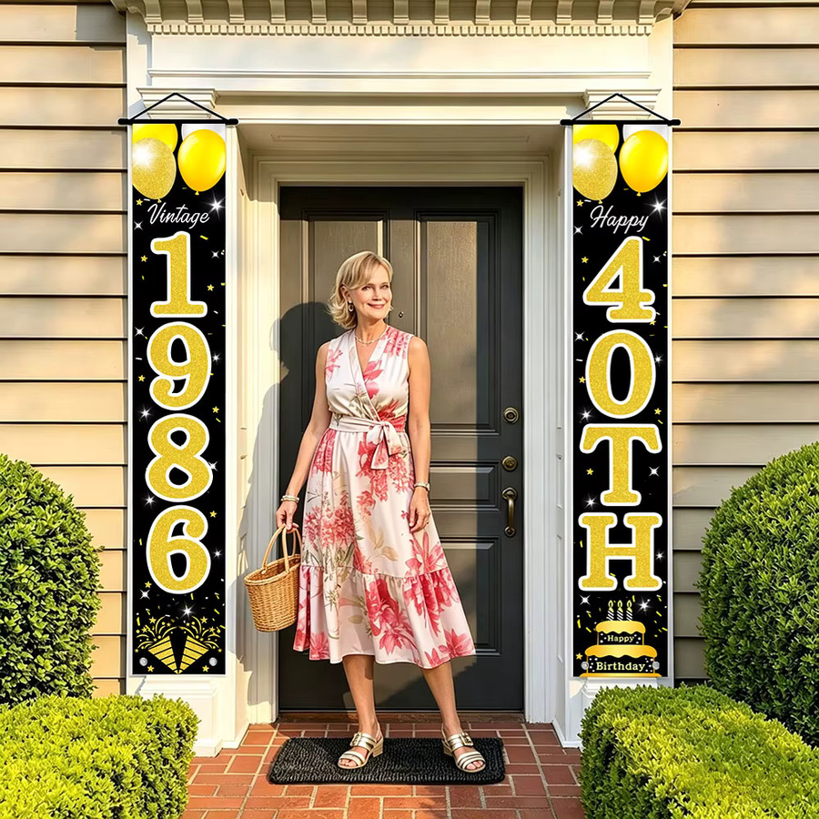OURFETE Türbanner zum 40. Geburtstag in Schwarz und Gold, Vintage 1986 Dekoration mit Luftballons und Kuchen, Rechteckig, Höhe: 180 cm, Breite: 30 cm - Bild 6