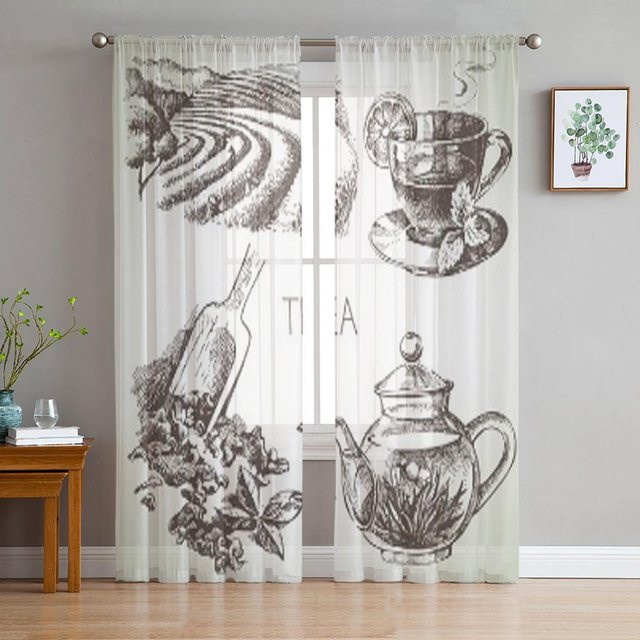 Skizze Vektor Teeservice Tüll Vorhang aus Organza, transparent, B: 135 cm, H: 114 cm - Bild 1