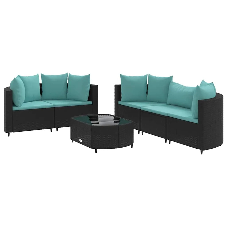 vidaXL 6-teilige Garten-Sofagarnitur in L-Form mit Kissen und Couchtisch, Schwarz und Blau, Poly-Rattan mit Metallgestell - Bild 2
