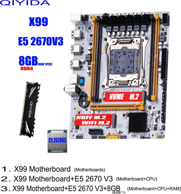 QIYIDA X99 Motherboard-Set mit Intel Xeon E5 2670 V3 CPU, 8GB DDR4 RAM, M-ATX Formfaktor und NVME M.2 Unterstützung - Bild 1