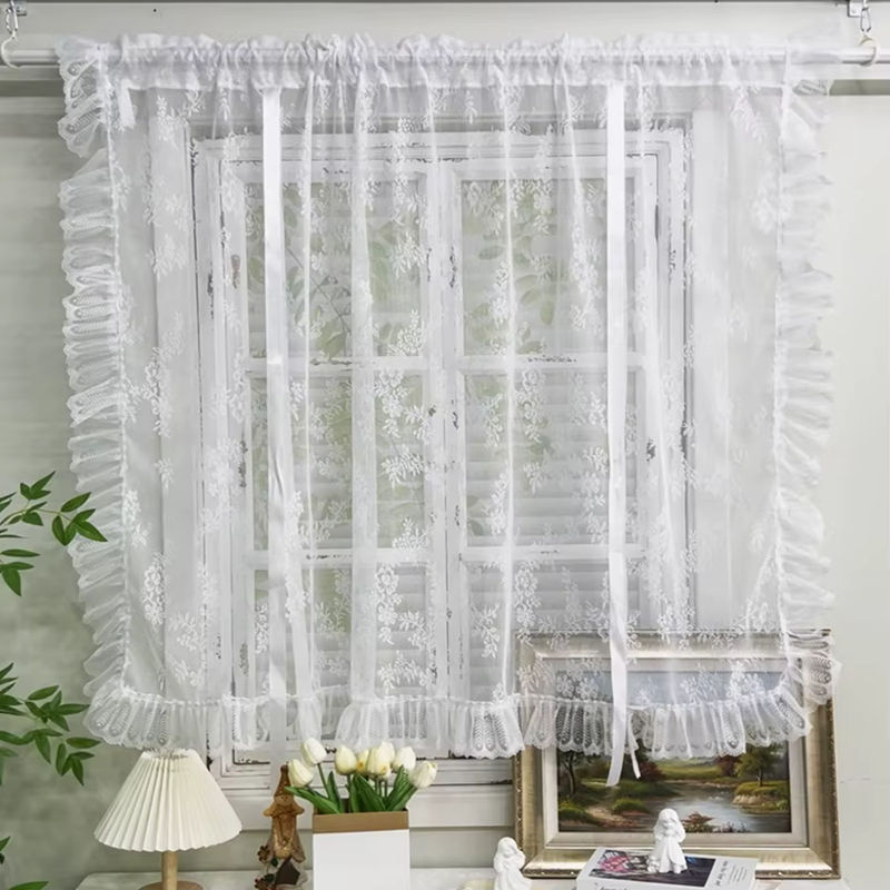 AiFish Transparenter Tüllvorhang mit weißem Blumenmuster und Spitzenbesatz im Shabby Chic Stil für Fenster und Türen - Bild 5