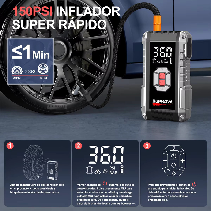 BSMOOM Auto-Starthilfe mit 150PSI Luftpumpe und 26800mAh Hochleistungsakku, Tragbarer Reifenfüller für Benzin und 10L Diesel mit LED-Beleuchtung und USB Typ-C Schnellladung - Bild 3
