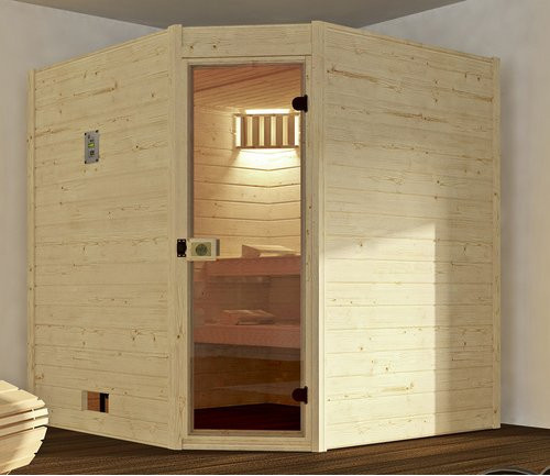 WEKA Massivholzsauna Valida Eck 2 aus Fichtenholz mit Glastür, beige, B/T/H: 189 x 189 x 203,5 cm - Bild 3