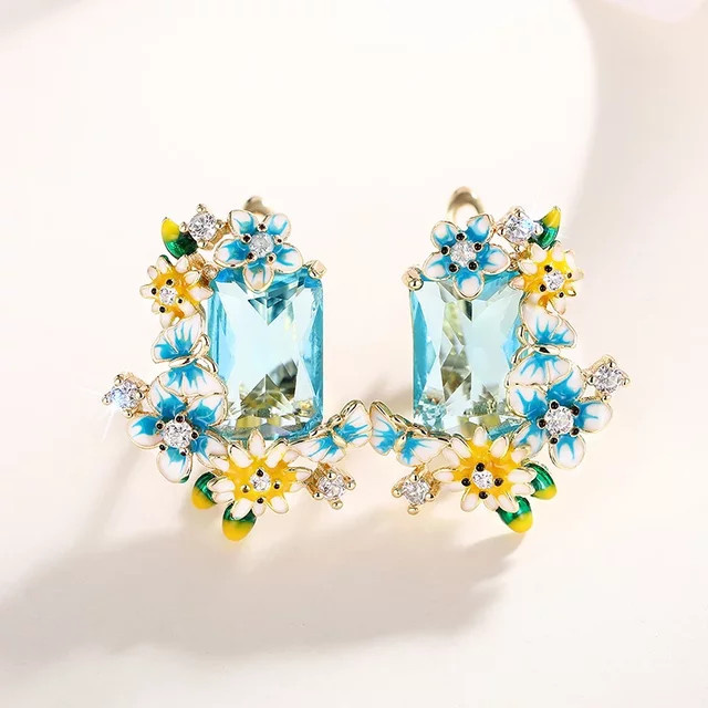 Huitan Ohrringe, Emaille, blaue gelbe Blumen, Zirkonia, Damen - Bild 1