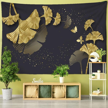 Wandteppich Super Six mit goldenem Gingkoblatt und floralem Boho-Design in Beige, Breite: 95 cm, Höhe: 70 cm