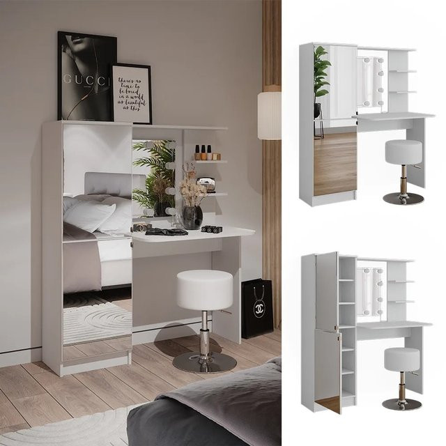 Vicco Schminktisch in Weiß mit Gold-Akzenten, LED-Beleuchtung und Hocker, B/T/H: 122,9 x 51,2 x 141,2 cm - Bild 1
