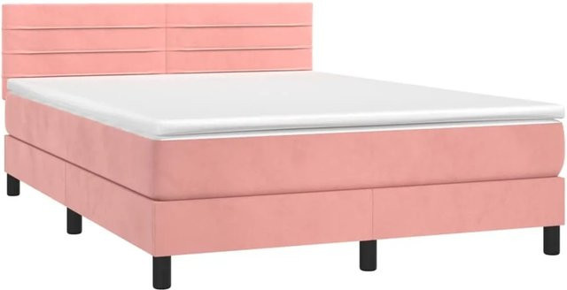 vidaXL Boxspringbett mit Matratze in Rosa, Hybridbett mit LED-Unterbettbeleuchtung und USB-Ladeport, Samt, B/T: 140 x 200 cm - Bild 1