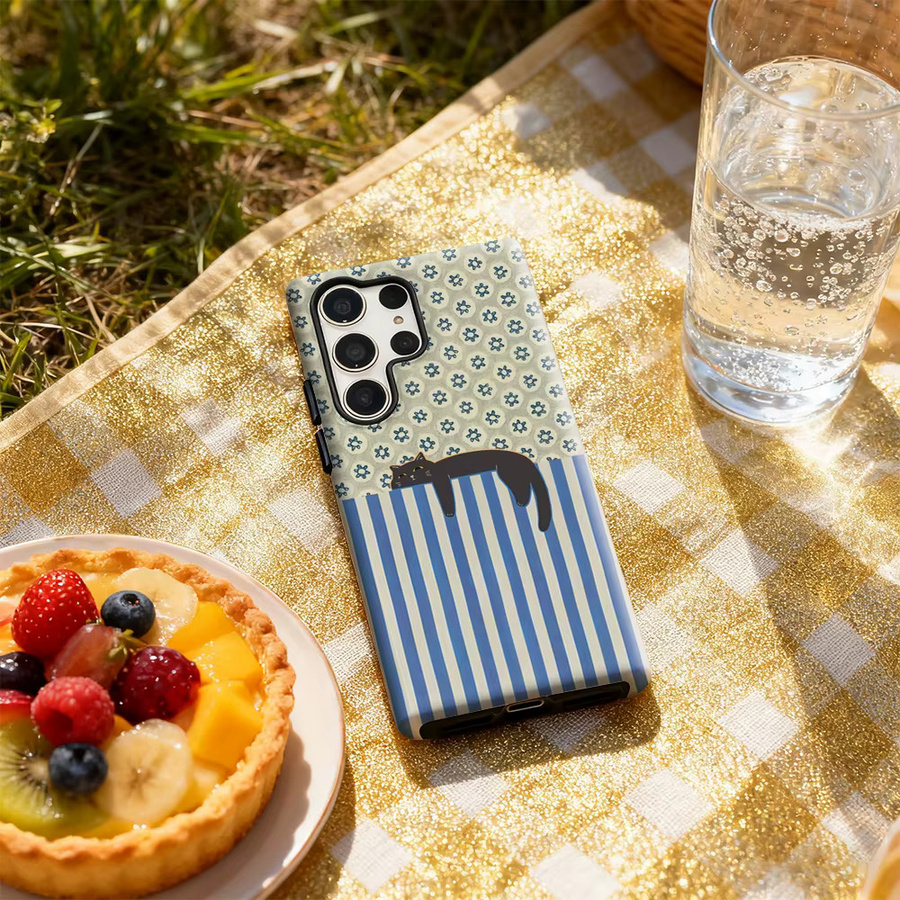 Glänzende Handyhülle mit blau-weiß gestreifter Katze für Samsung Galaxy S25 Ultra, S24 und S23 Ultra Plus mit doppellagiger Rückseite - Bild 5