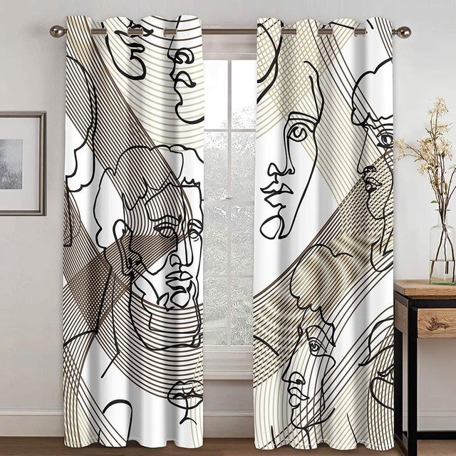2er-Set Moderne Vorhänge mit Abstraktem Gesichtsmotiv in Weiß, Transparentes Design mit Ösen, Breite: 98 cm, Höhe: 202 cm - Bild 1
