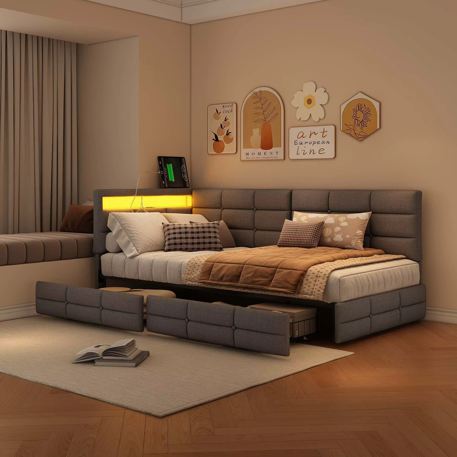 FANGANGE L-förmiges Polsterbett aus Leinen mit LED-Streifen und Stauraum, B/T: 90 x 200 cm, Beige & Grau - Bild 5
