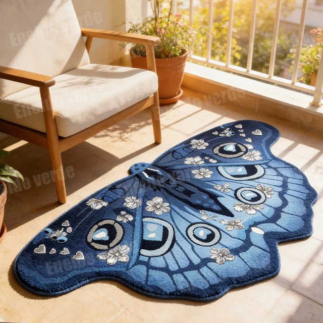 VIKAMA Art Butterfly Bodenmatte, blau, rutschfest und saugfähig, B/T: 90 x 50 cm - Bild 1