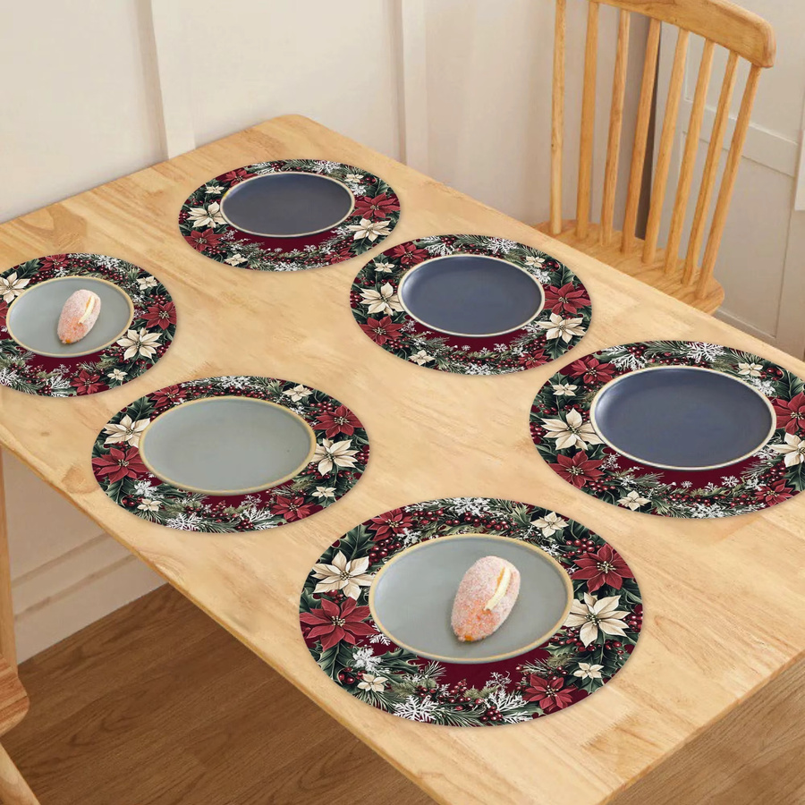 VIKAMA 6er Set Weihnachtliche Tischsets mit Holly Blättern und roten Beeren in Rot und Grün - Bild 3