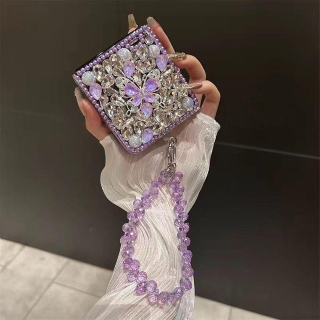 Elegante Handyhülle mit Kristallperlen und Schmetterlings-Edelsteinen für Samsung Galaxy Z Flip 3, Z Flip 4, Z Flip 5 und Z Flip 6 in Lila - Bild 1