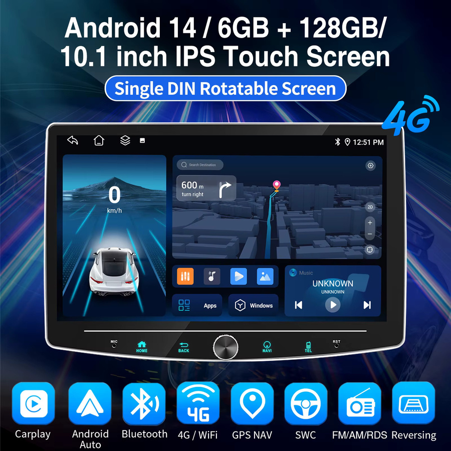 ESSGOO Android 14 Autoradio mit 10,1 Zoll drehbarem Display, 6GB RAM + 128GB Speicher, 1 DIN Stereo mit CarPlay, 4G LTE, GPS, WiFi und Knopfsteuerung in Schwarz - Bild 3