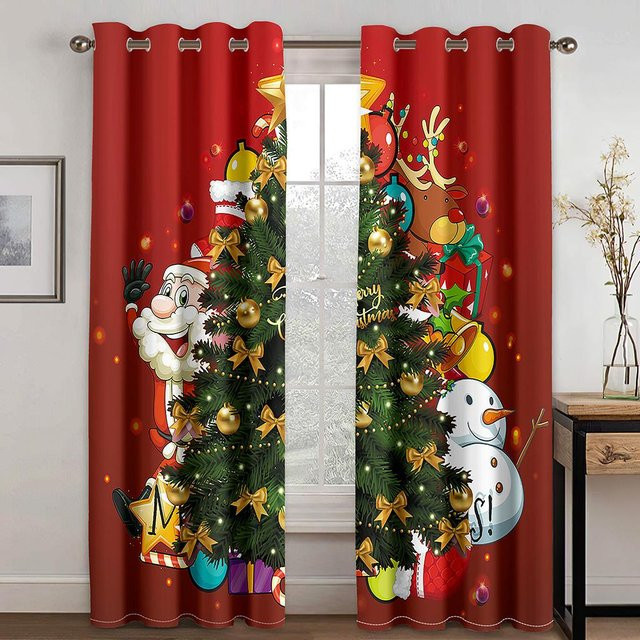 Dekorative 3D Weihnachtsvorhänge mit Weihnachtsbaum und Schneemann Motiv, Rot, 2 Paneele, B/H: 50 x 130 cm - Bild 1