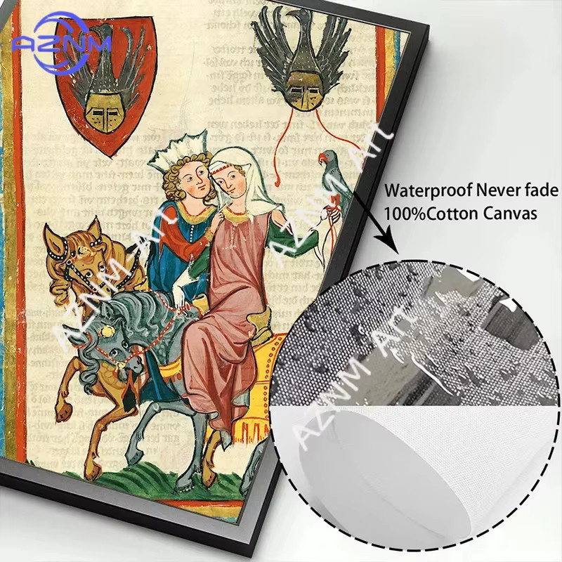KAYOU Retro Leinwandgemälde Mittelalterliche Europäische Kunst mit Liebenden auf Pferden als Wandbild in Mehrfarbig - Bild 3