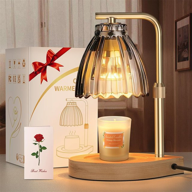 RUNTOIN Moderne Kerzenwärmer-Lampe in Gold/Messing mit Timer, dimmbar und höhenverstellbar mit transparentem Glas-Dome - Bild 1