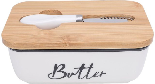 CosyHome Butterdose aus Keramik mit Bambusdeckel und Messer, Weiß/Beige, 500 ml - Bild 1