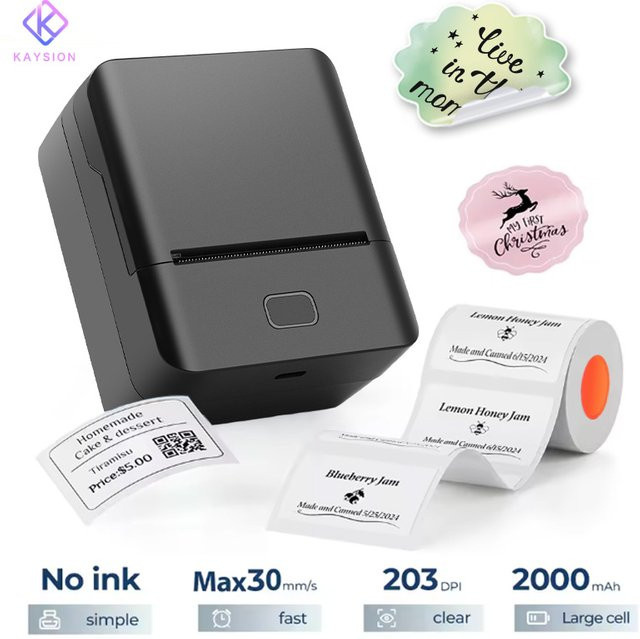KAYSION Drahtloser Thermik-Etikettendrucker für Barcodes und QR-Codes mit Unterstützung für Smartphone und PC, Etikettenbreite 20–50 mm - Bild 1