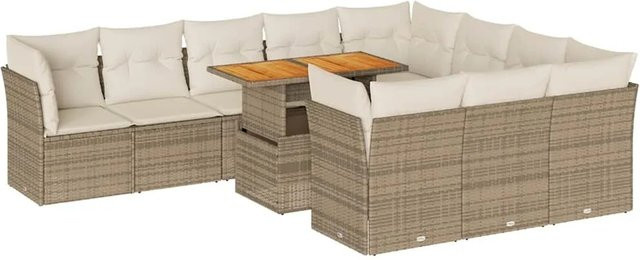 vidaXL 11-teilige Garten-Sofagarnitur aus Polyrattan in Beige mit Kissen und Stauraum - Bild 1