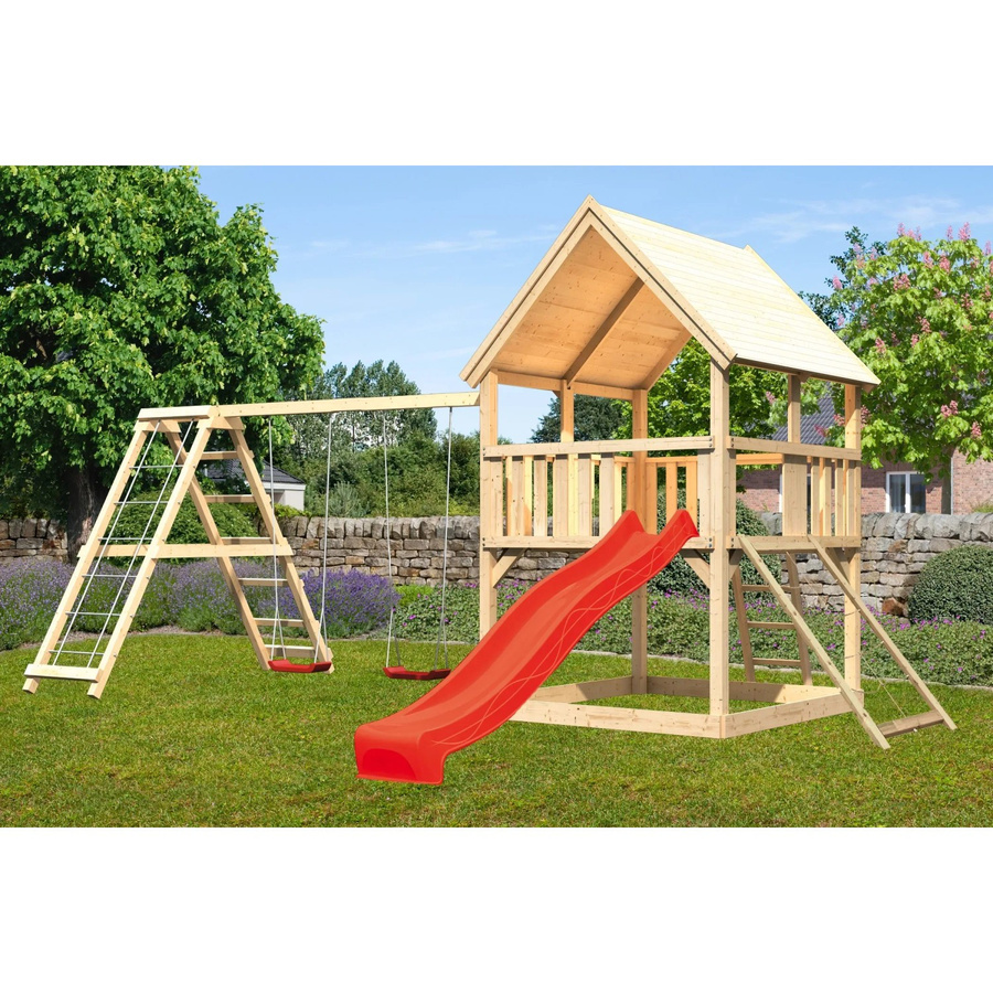 Karibu Spielturm Luis Doppelschaukel mit Klettergerüst, Netzrampe und Rutsche in Rot - Bild 2