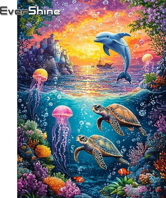 EverShine 5D Diamant-Mosaik DIY Set Meerestiere mit Meeresschildkröte, Delfin und Qualle in Multicolour, B/H: 30 x 20 cm - Bild 1