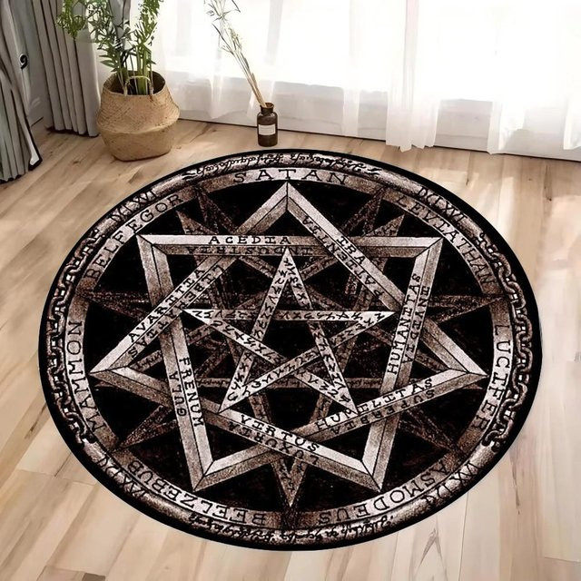 Runder Teppich mit okkulten Runen und Satanischem Kreis in Schwarz, Durchmesser: 120 cm - Bild 1