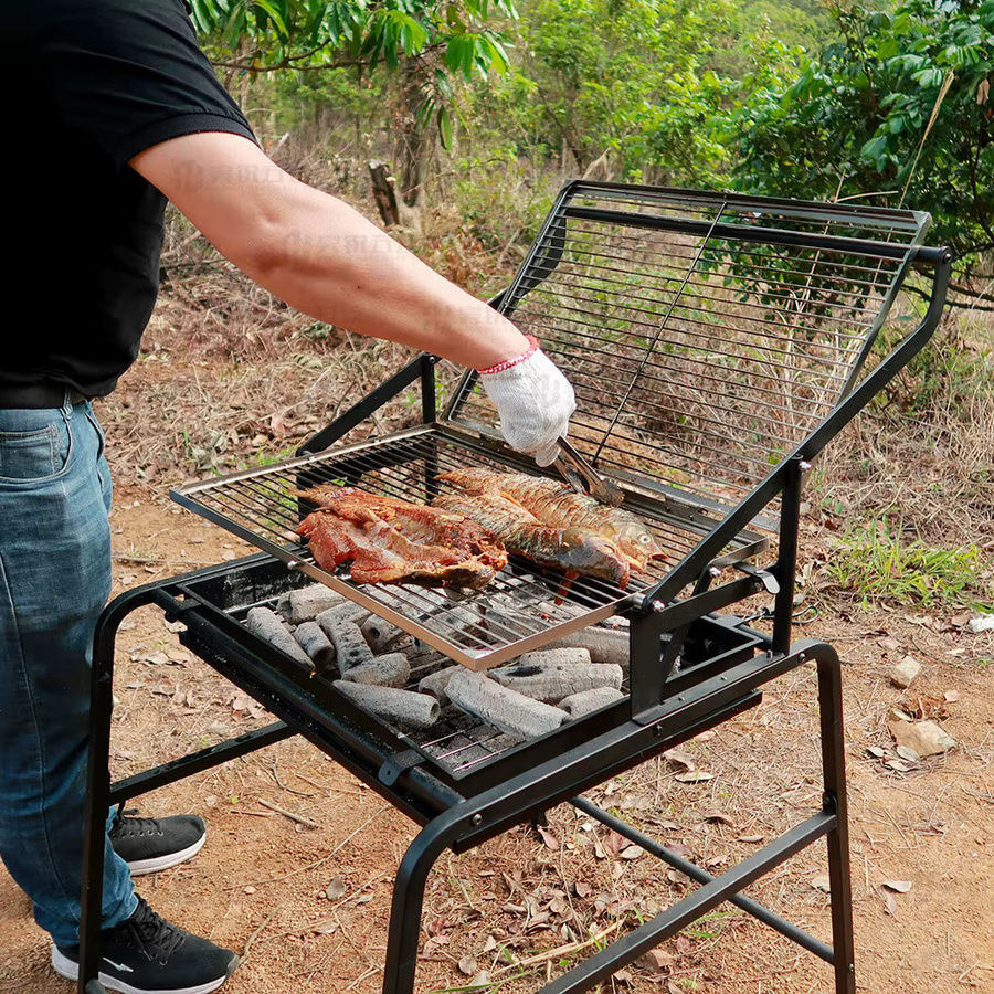 Rotierender Holzkohlegrill mit Mesh-Rahmen für Huhn und Rindfleisch, Metall, B/T/H: 108,5 x 40,5 x 0 cm - Bild 2