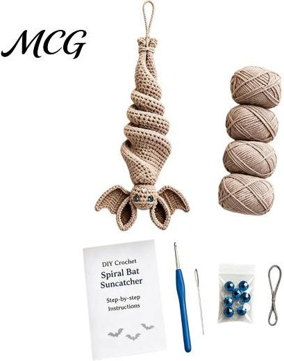 Aolifu DIY Häkel-Fledermaus-Windspiel Set für Halloween, Strickset für Anfänger mit Garn und Häkelnadel, Farbe: Beige - Bild 1
