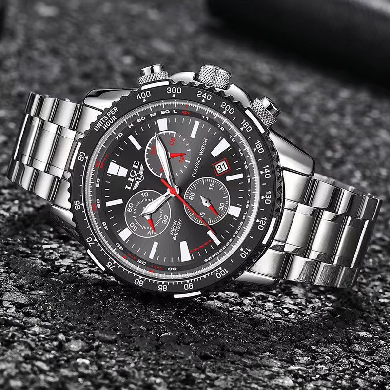 LIGE Chronograph Armbanduhr, Quarz, Edelstahl, Schwarz, Herren - Bild 2