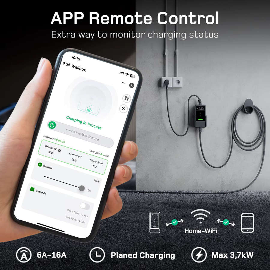 dé 3,7kW Auto Ladegerät Typ 2 mit App, 1-phasig, 6A–16A Stromregulierung, Schuko Plug & Play für EV und PHEV, Schwarz, Ladekabel Länge: 15 m - Bild 2