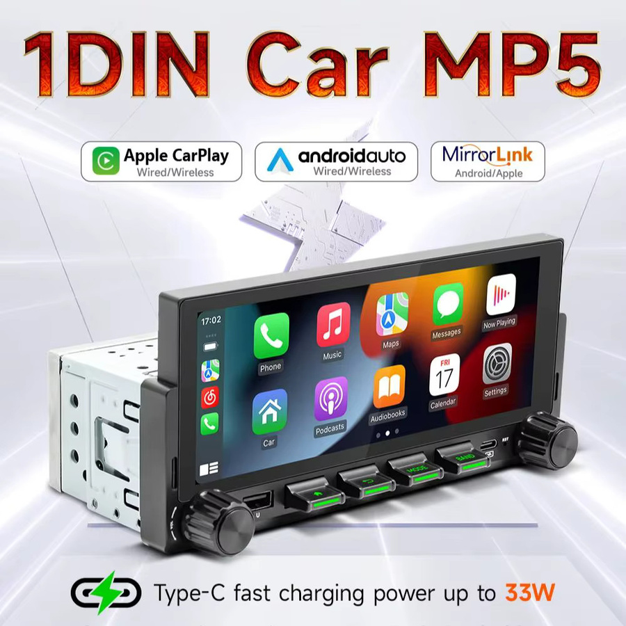 BQCC 1Din Autoradio mit 6,86 Zoll Display, Bluetooth, FM, 7-Farben LED-Beleuchtung, 33W, Typ-C Ladegerät, kabelloses CarPlay und Android Auto, Schwarz - Bild 6