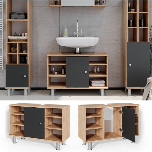 Vicco Waschtischunterschrank Fynn Badschrank in Anthrazit und Eiche mit Gold-Details, Breite: 80 cm, Tiefe: 54 cm, Höhe: 32 cm - Bild 1