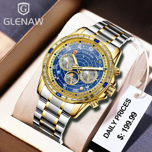 Glenaw Armbanduhr, Automatik, Edelstahl, Diamant, Herren, Blau - Bild 1