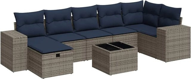 vidaXL 8-teilige Garten-Sofagarnitur in L-Form aus grauem Poly-Rattan mit Kissen und pulverbeschichtetem Stahlgestell - Bild 1