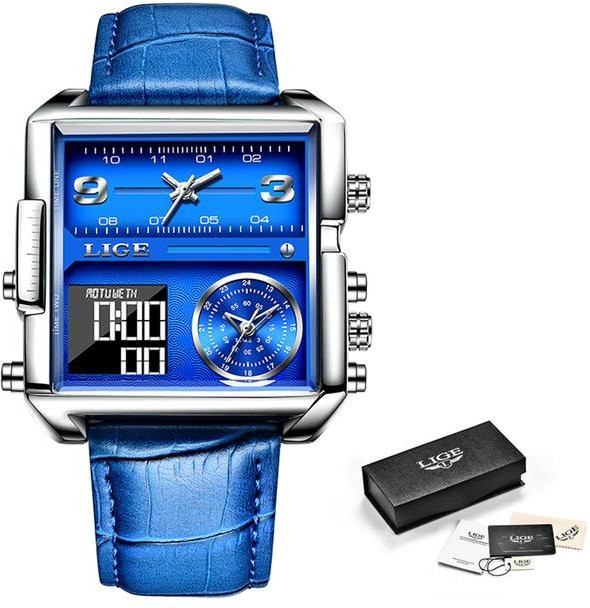 LIGE Armbanduhr, Quarz, Edelstahl, Silber/Blau, Herren, Eckig - Bild 1