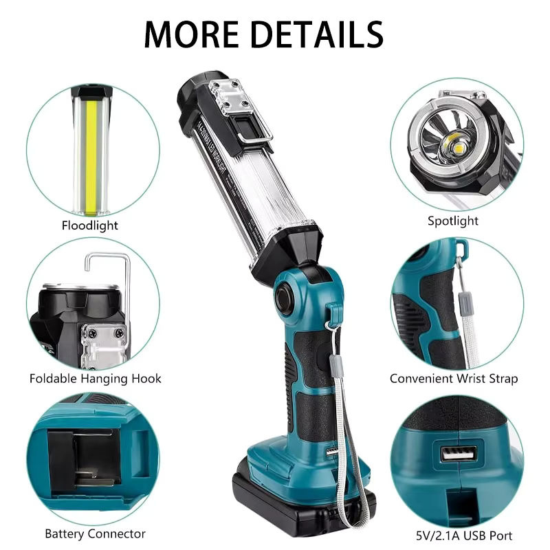ZWINCKY LED-Arbeitsleuchte für Makita 18 V Li-Ionen-Akku, tragbare Camping-Laterne mit Haken in Schwarz für Outdoor, Autoreparatur und Notfall - Bild 4