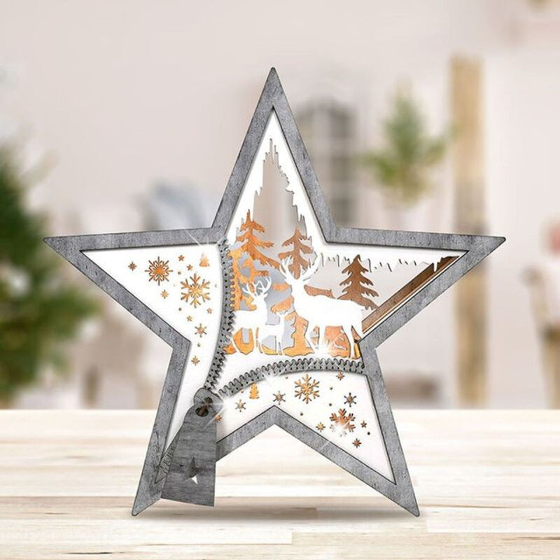 BURI LED-Dekostern aus Holz in Weiß und Grau für Weihnachten und Advent, stehend, B/T/H: 34 x 36 x 34 cm - Bild 1
