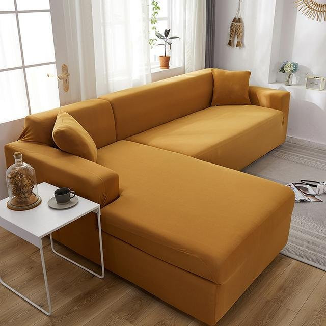 Elastischer L-Form Sofabezug aus Spandex für Ecksofas in Kamelfarben, Breite: 90-140 cm - Bild 1