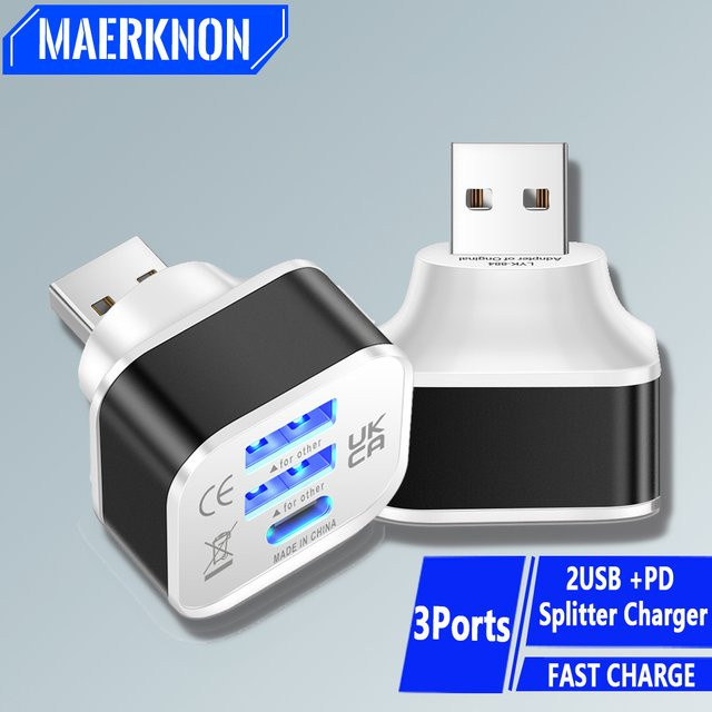 Maerknon 3 in 1 USB Typ C OTG Adapter mit 2 USB A Anschlüssen und 1 USB Typ C Buchse für Datenübertragung und Laden - Bild 1