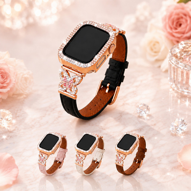 Samusak Armband und Hülle für Apple Watch, Leder, Diamant, Kristall, Damen - Bild 1