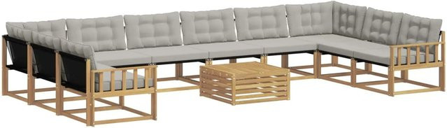 vidaXL Outdoor-Sofagarnitur 11-teilig in U-Form aus Akazienholz mit Textilene und Kissen in Weiß-Hellgrau - Bild 1