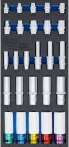 BGS Werkstattwageneinlage 1/3 mit 26-tlg. Steckschlüssel-Einsätzen 4147, Sechskant tief 11 – 22 mm, E-Profil E10 - E22, in Silber - Bild 1