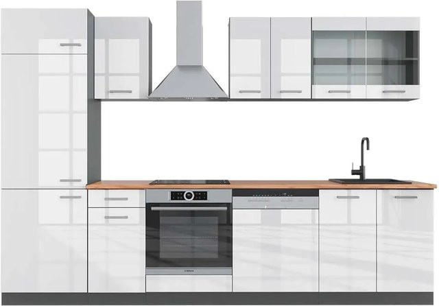 Vicco R-Line Küchenzeile Weiß Hochglanz und Anthrazit mit Eiche, B: 300 cm, H: 207 cm, T: 60 cm - Bild 1