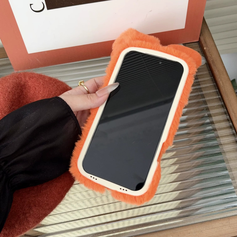 Flauschige Plüsch-Schutzhülle mit Kaninchen-Design für Apple iPhone in Orange mit faltbarer Halterung und Kameraschutz - Bild 3