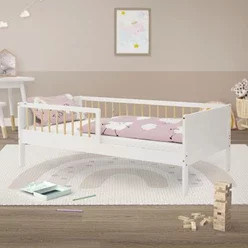 ML-Design Kinderbett mit Lattenrost und Rausfallschutz aus Kiefernholz in Weiß und Natur, B/T/H: 80 x 160 cm