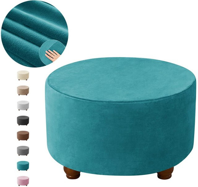 Yiran Furniture Runde Hockerbezüge aus superweichem Samt in Beige, elastischer Möbelprotektor für Fußhocker, Größe M - Bild 1
