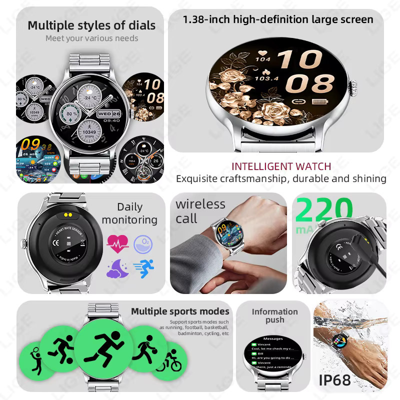 LIGE Smartwatch, Edelstahl, Schwarz, Unisex, Bluetooth, Wasserdicht - Bild 5
