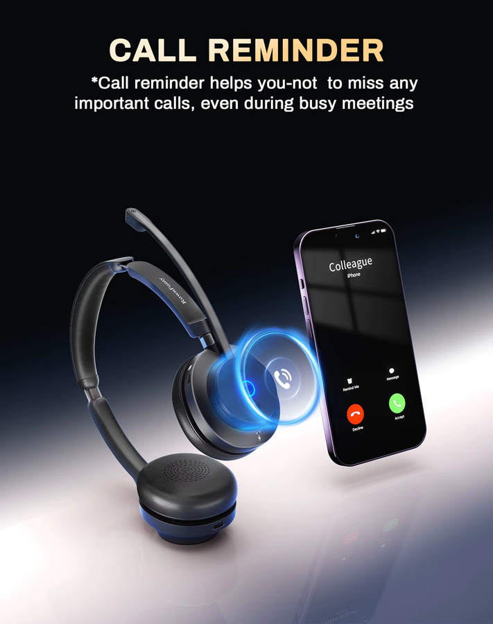 Rownfusny R02 Kabelloses Bluetooth Over-Ear Headset mit Mikrofon und Geräuschunterdrückung für Call-Center, Schwarz - Bild 3
